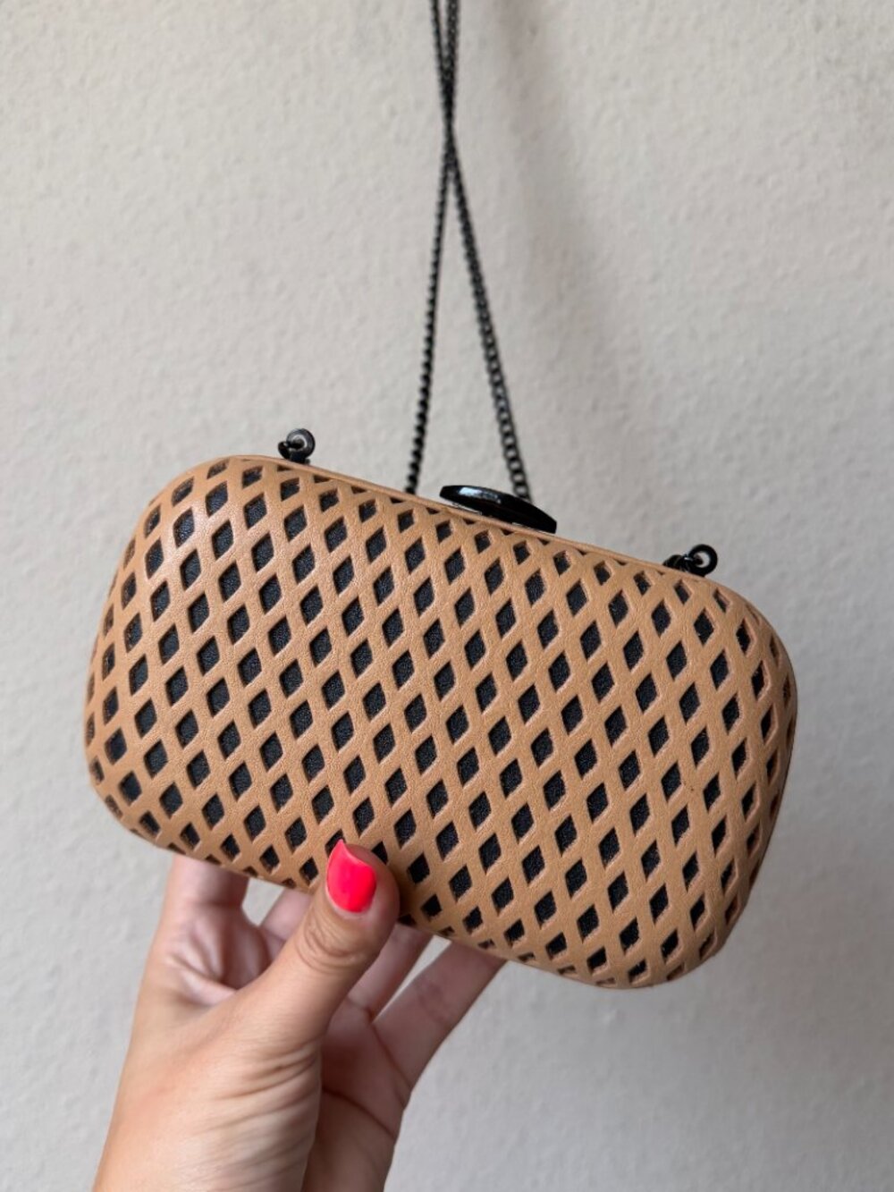 Loeffler Randall Tan Black Leather Minaudière Laser Cut Clutch - Picture 3 of 9